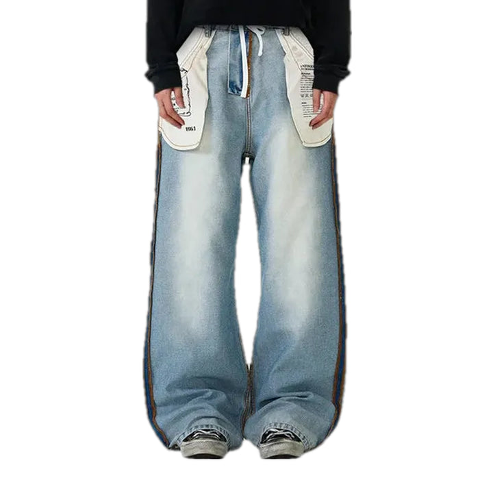 Whiskered Mid-rise Trendy Baggy Men's Jeans - Light Blue