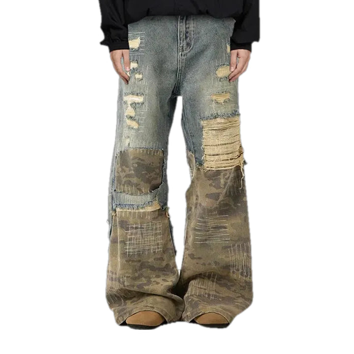 Mid-rise Torn Mixed Fashion Men's Jeans - Sand