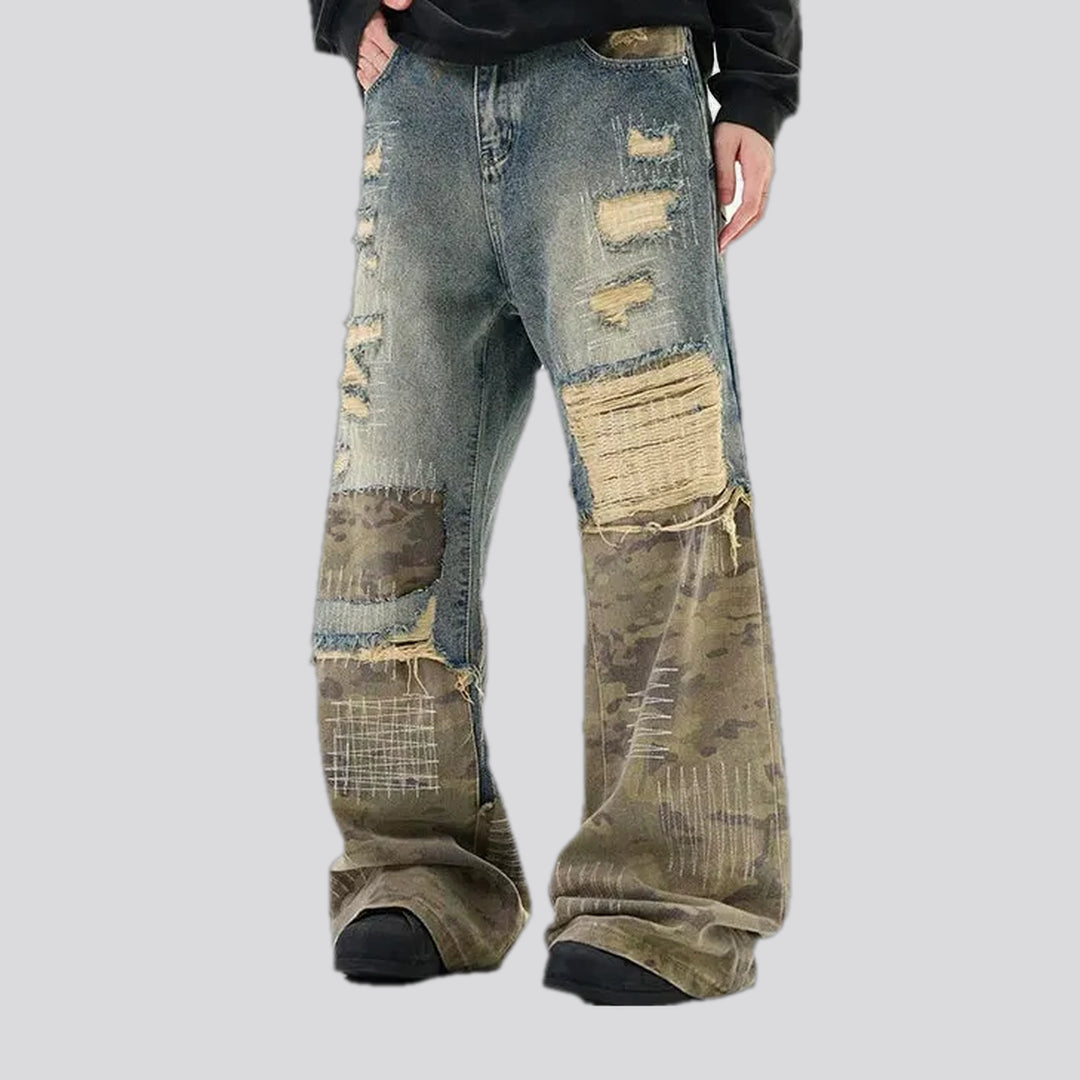 Mid-rise torn mixed fashion men's jeans