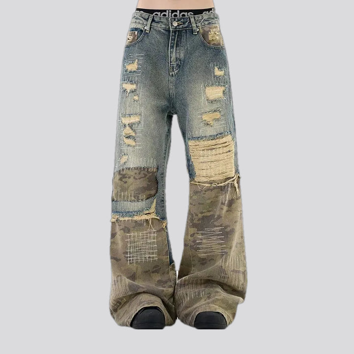 Mid-rise torn mixed fashion men's jeans