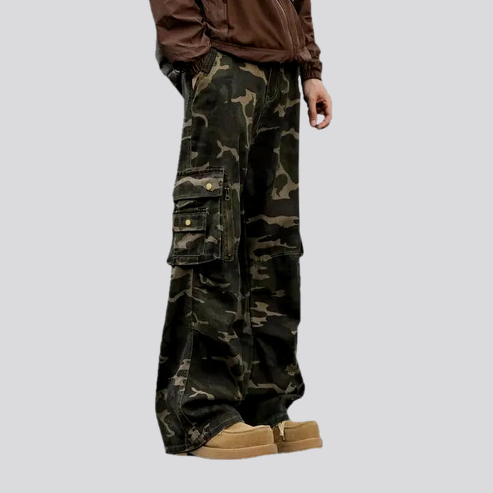 Trendy multi-pocketed boho style men's jeans pants