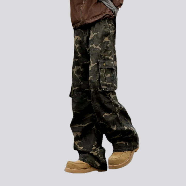 Trendy multi-pocketed boho style men's jeans pants