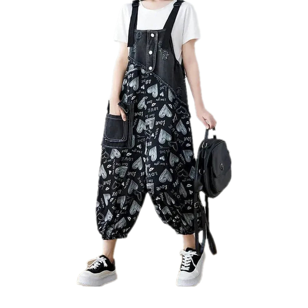 Fashionable Baggy Fit Worn Look Jean Bib for Women - Black