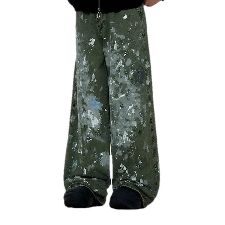 Trendy Painted Baggy Style Men's Denim Pants - Khaki