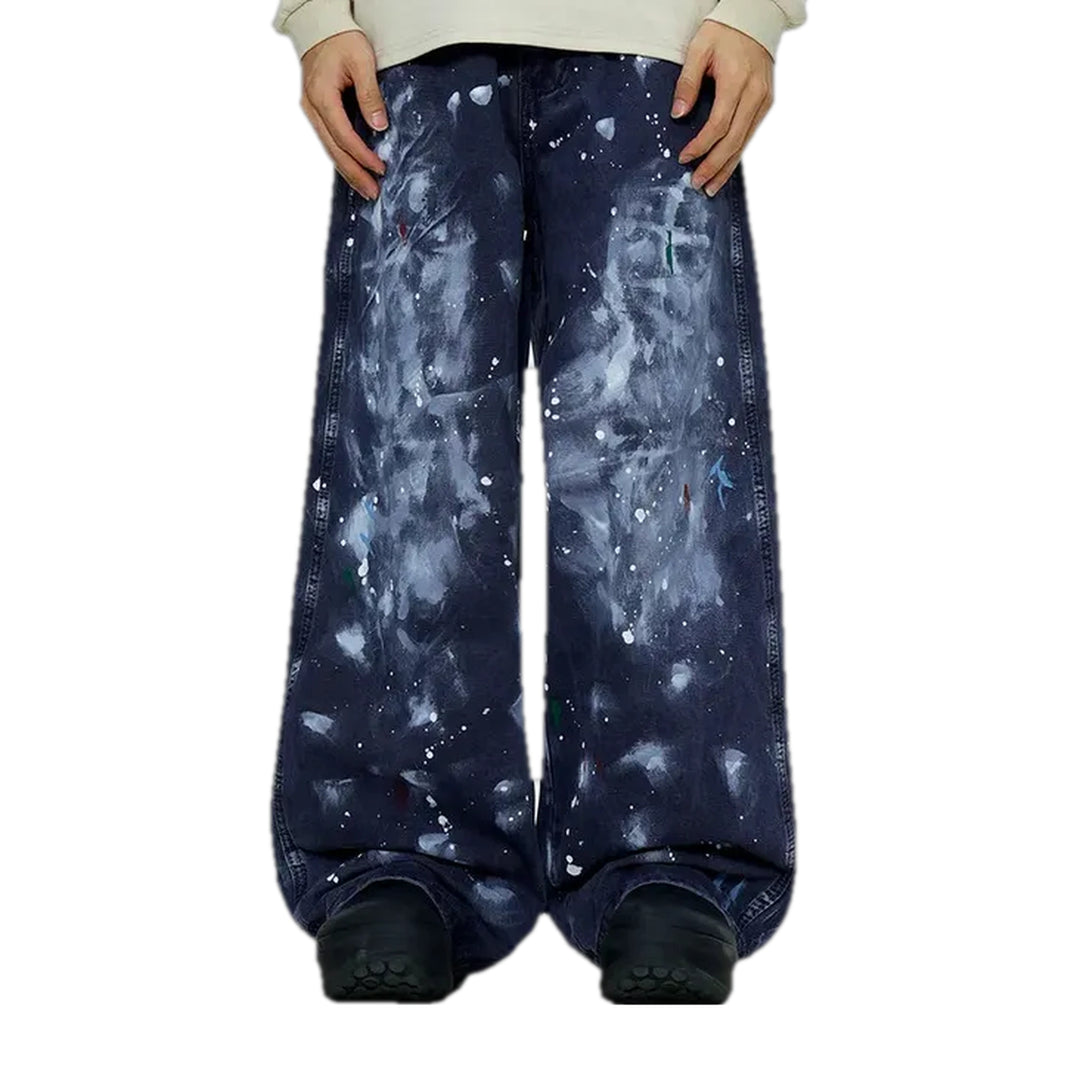 Trendy Painted Baggy Style Men's Denim Pants - Dark Blue