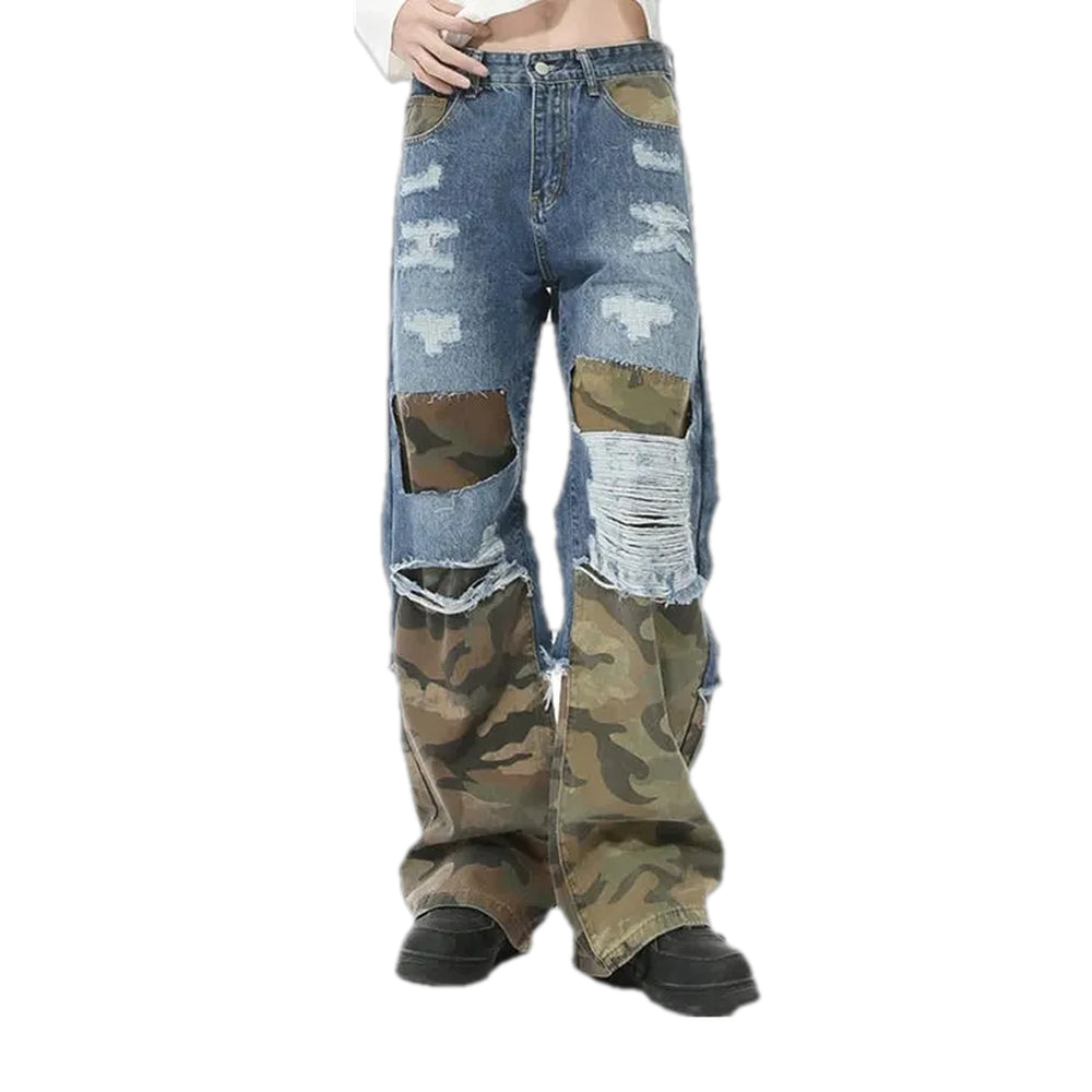 Camouflage Patchwork Men's Jeans - Blue