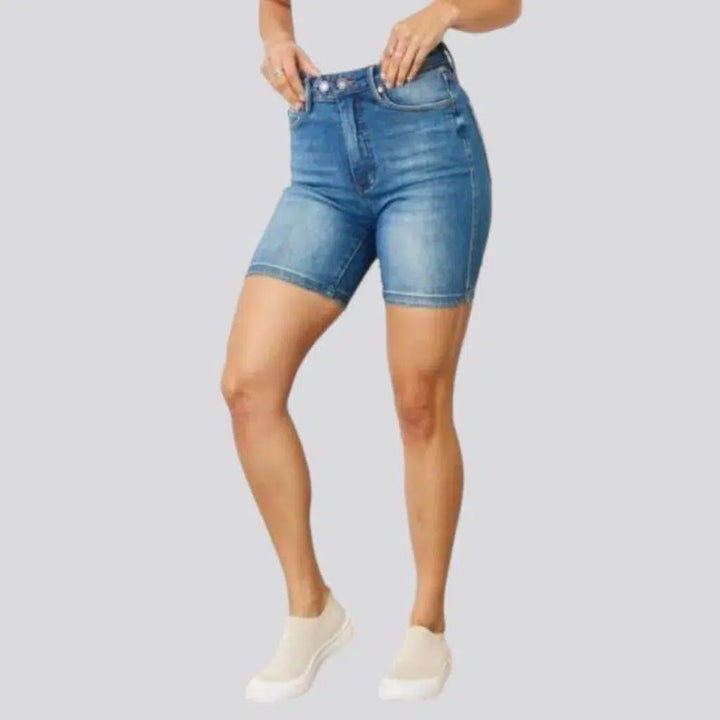 High-waist medium-wash jean shorts
 for women