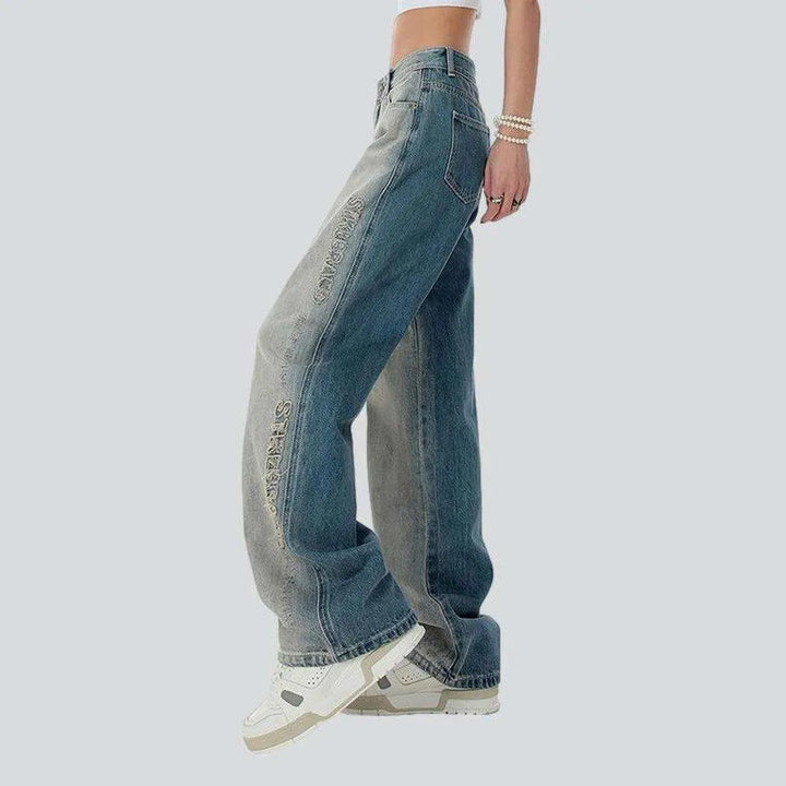 Two-tone embroidered women's baggy jeans