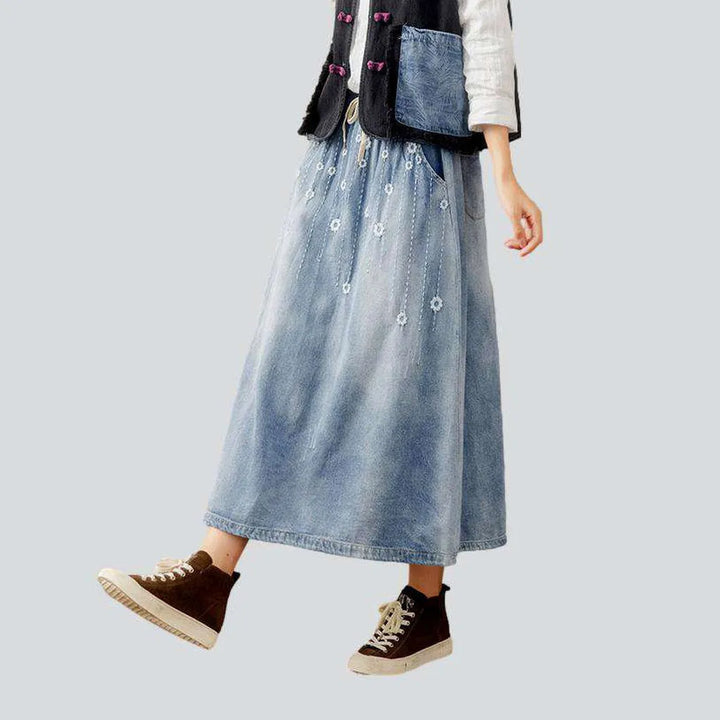 Urban embroidery long denim skirt