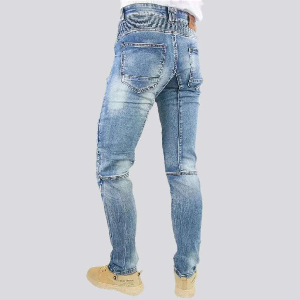 Knee-pads mid-waist men's riding jeans