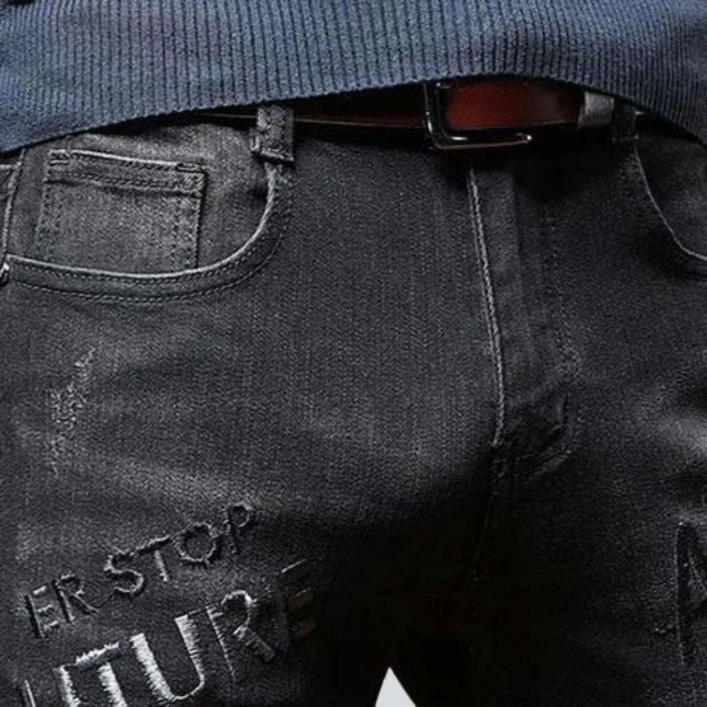 Black embroidery skinny men's jeans