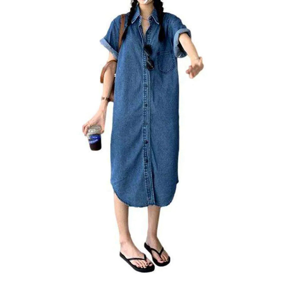 90s Inspired Denim Shirt Dress - Blue