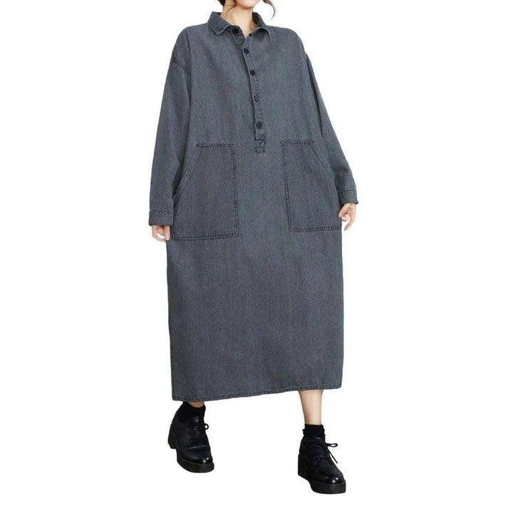 90s Stonewashed Caftan Jean Dress - Grey