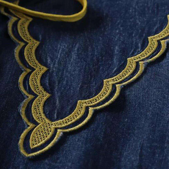 Drawstring neckline long denim dress