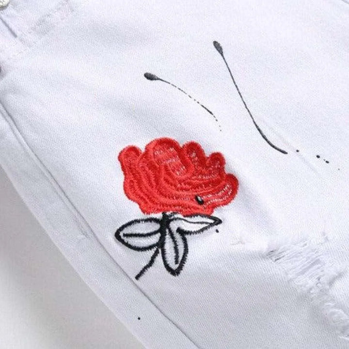 Rose embroidery ripped men's jeans