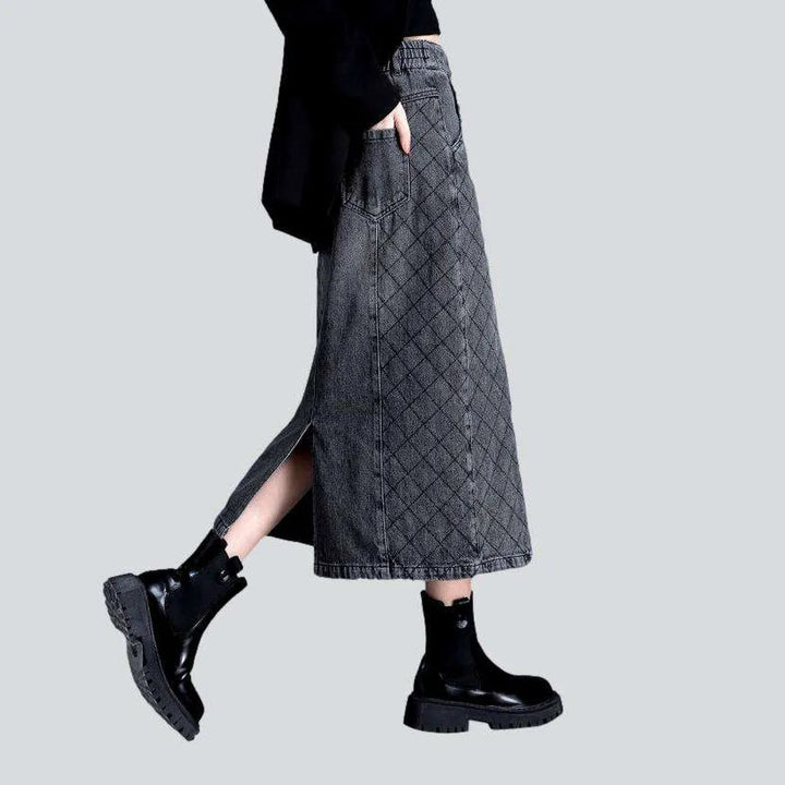 Checkered patchwork grey denim skirt