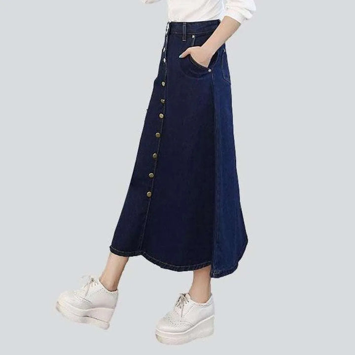 Long a-line buttoned denim skirt