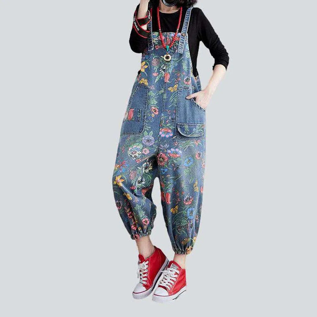 Flower print women's denim jumpsuit