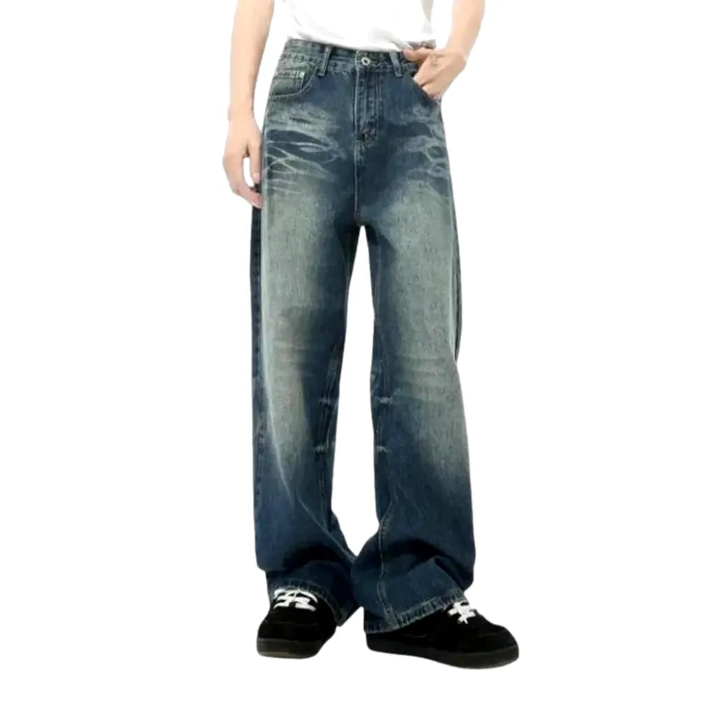 Whiskered Baggy Men's Jeans - Blue