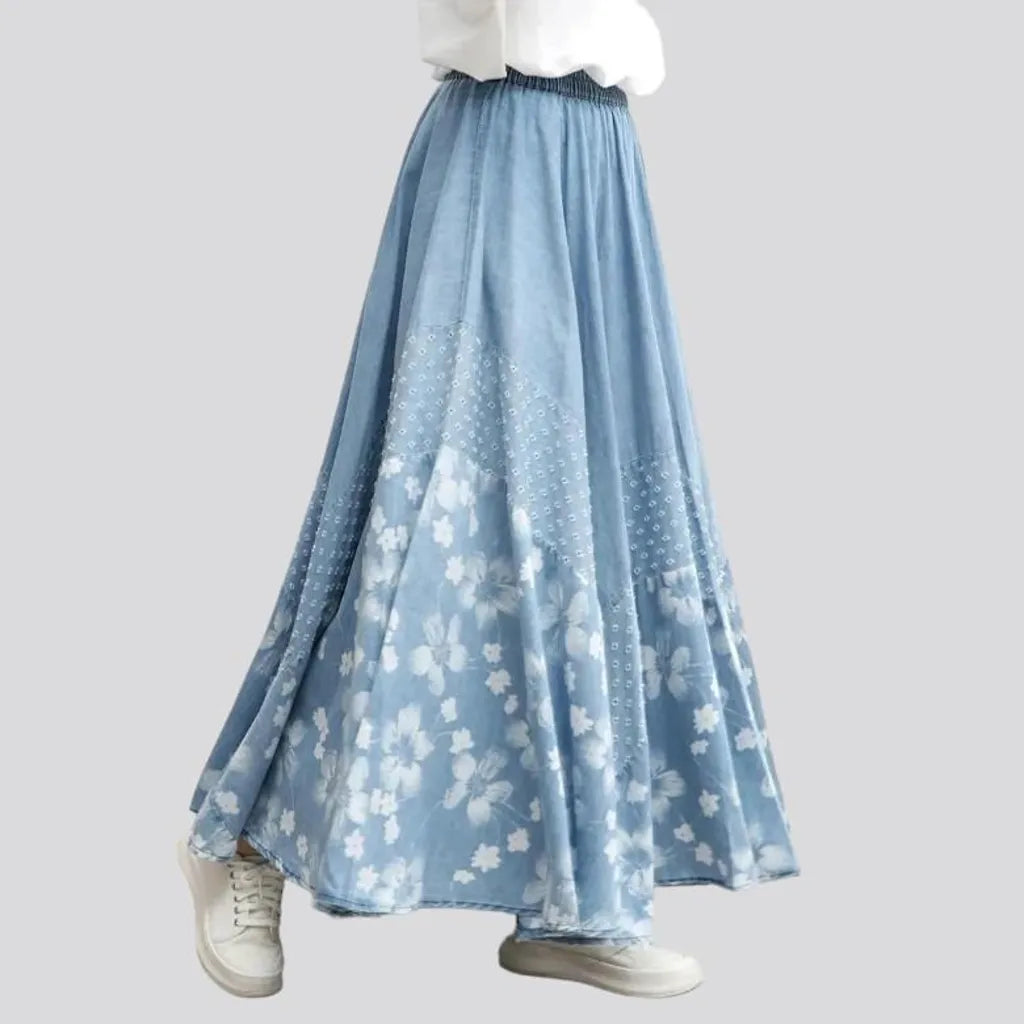 White-print boho denim skirt