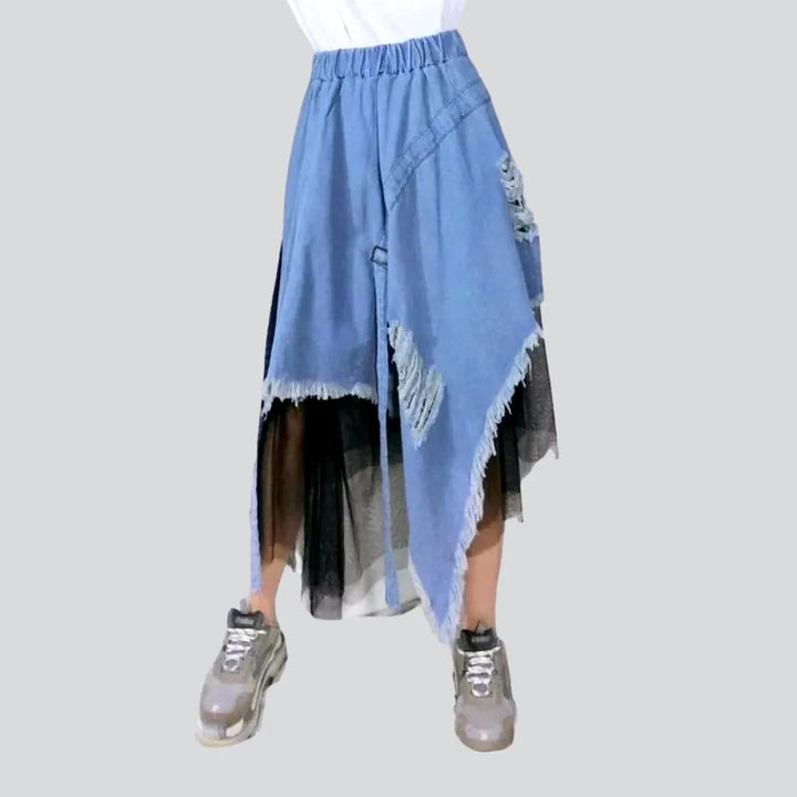 Distressed urban midi denim skirt