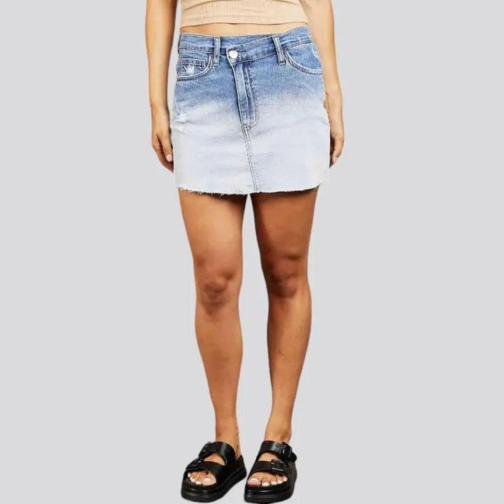 mini, dip-dyed, contrast, raw-hem, light-wash, asymmetric-waistline, mid-waist, 5-pocket, zipper-button, women's skirt | Jeans4you.shop