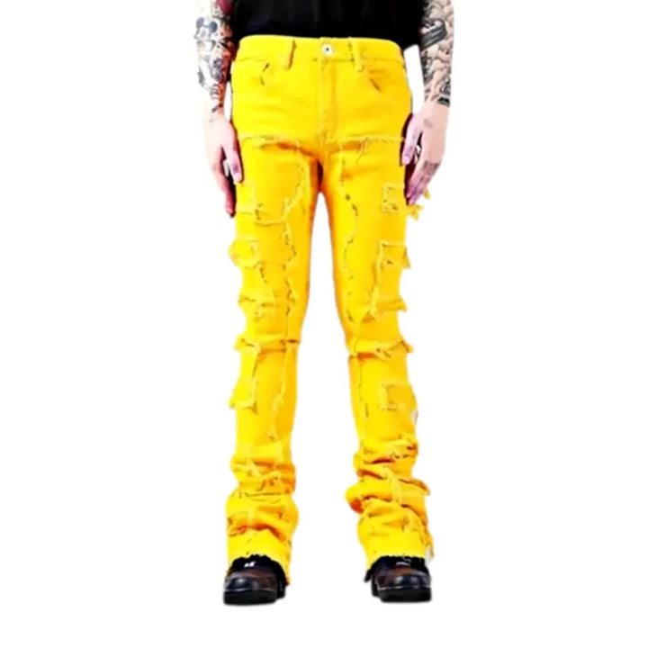 Distressed Patchwork Style Men's Jeans - Yellow