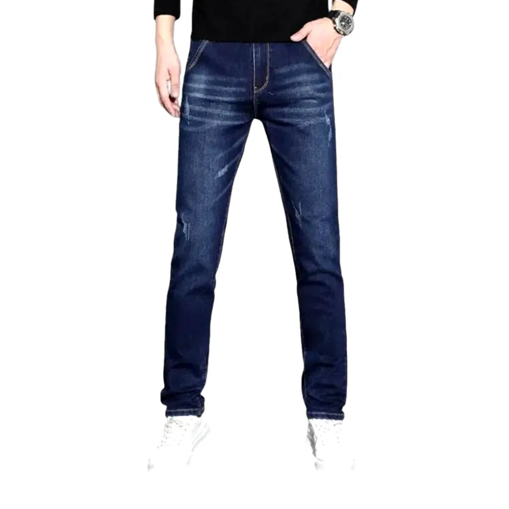 Dark Abraded Slim Fit Men's Jeans - Blue