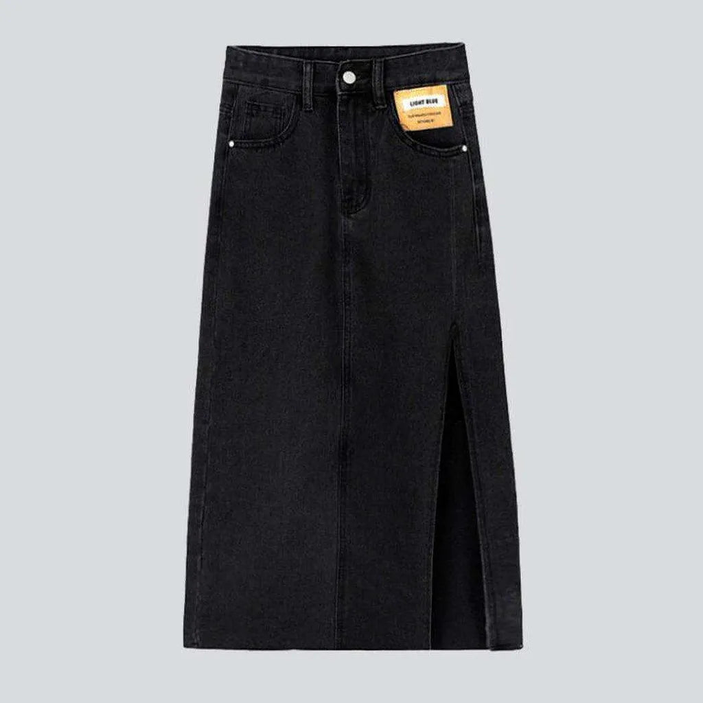 Exposed label long denim skirt
