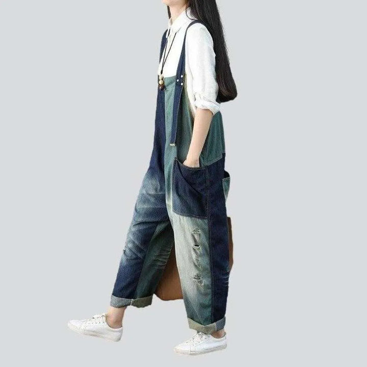 Two color baggy denim overall