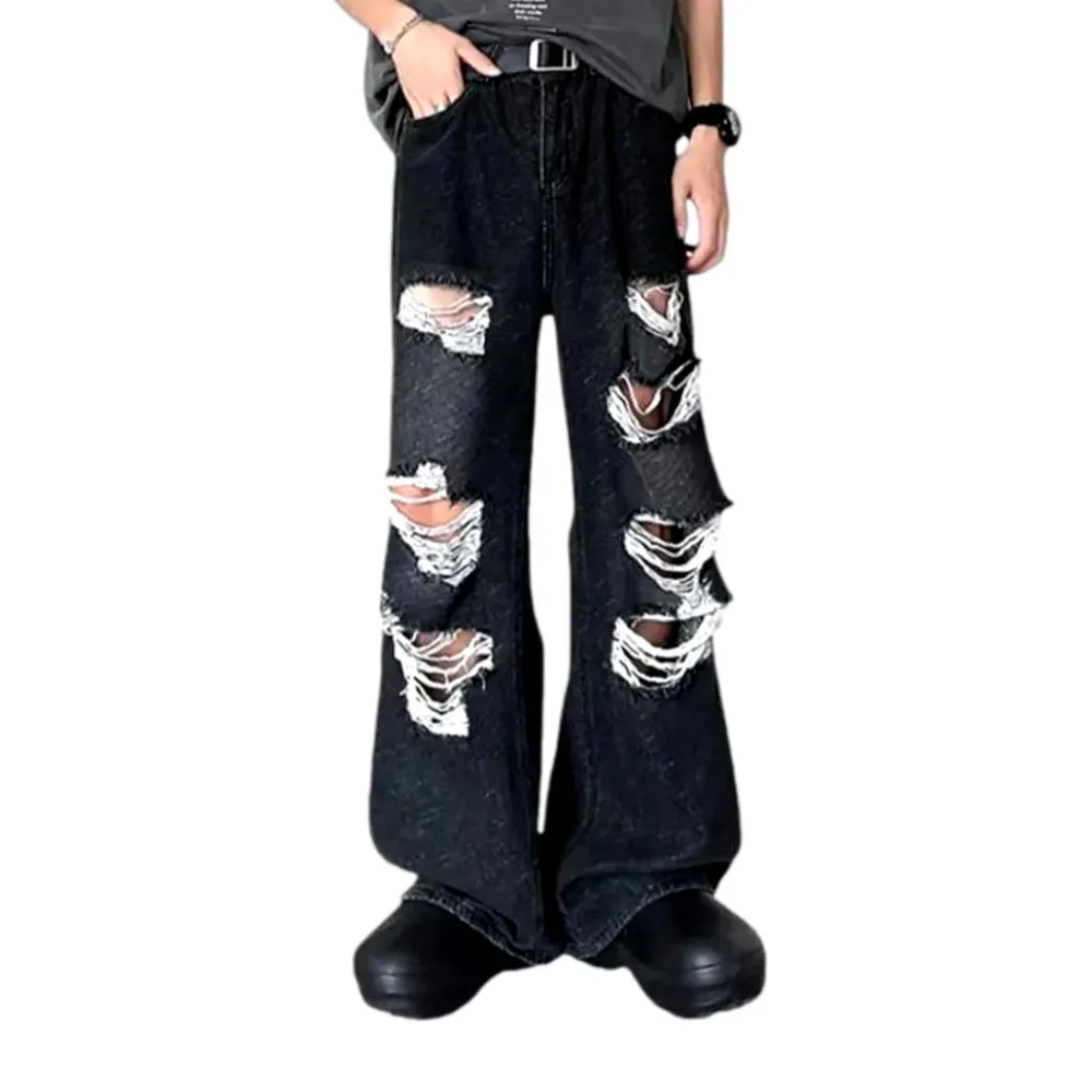 Boho Grunge Style Mid Rise Men's Jeans - Black