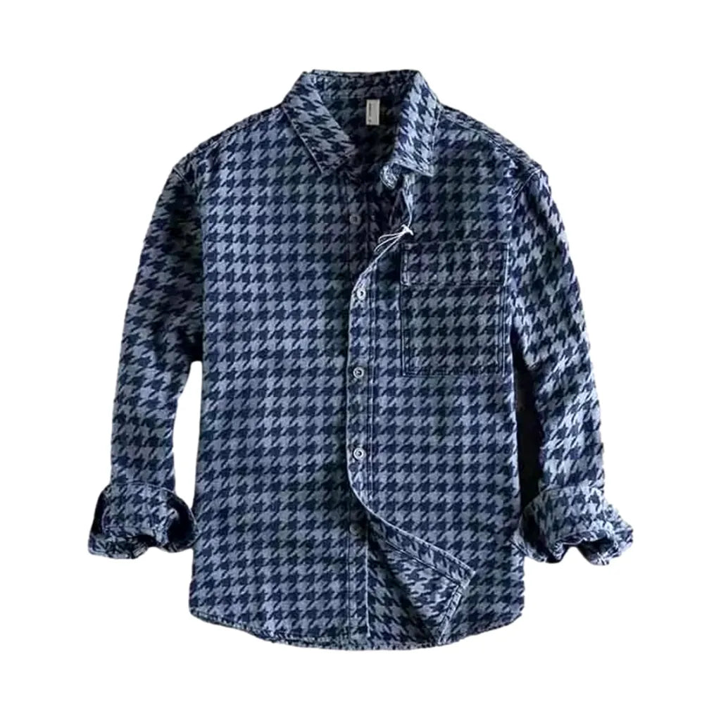 Casual Plaid Men's Jean Shirt - Blue