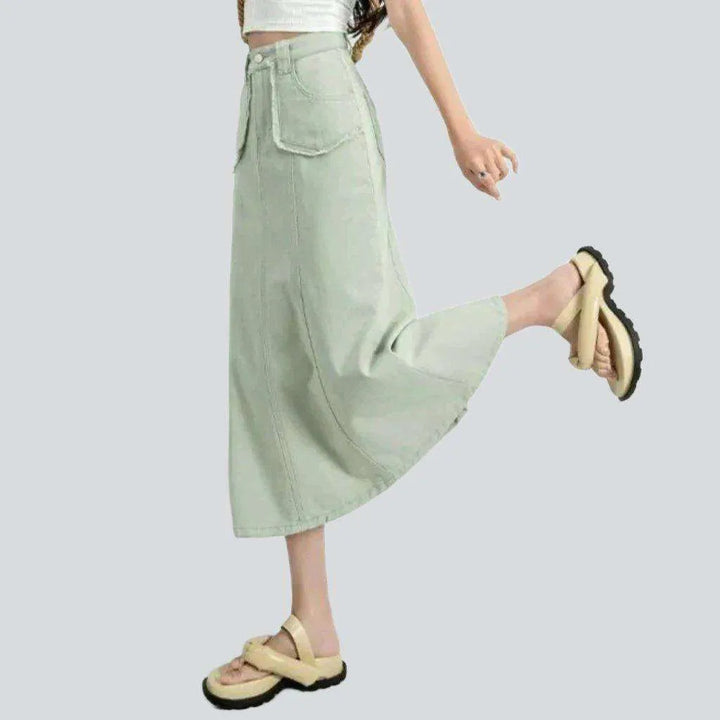 Patched pocket long denim skirt