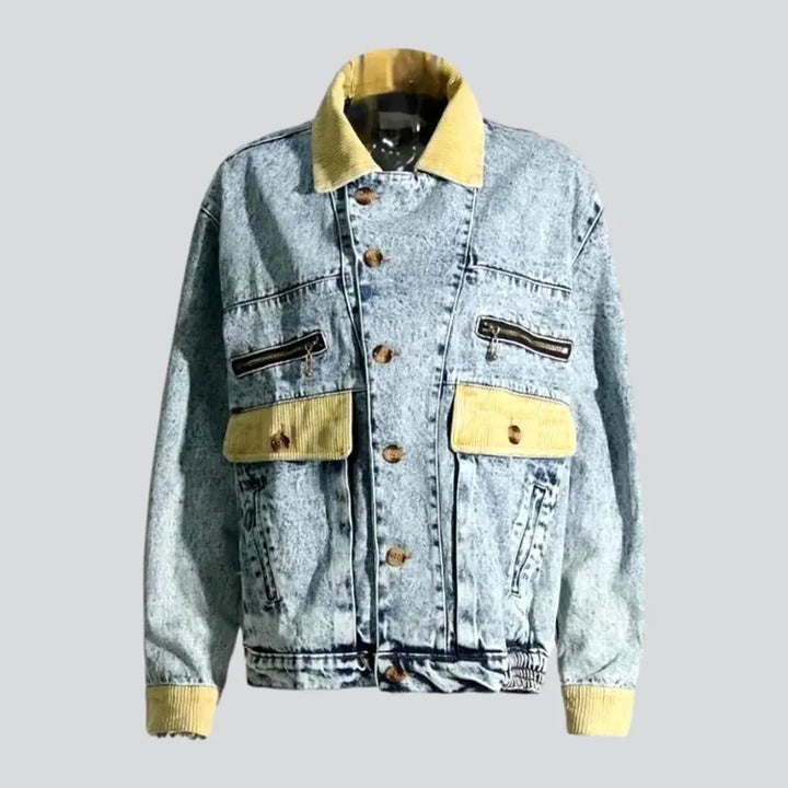 Faded wash corduroy collar denim jacket for women