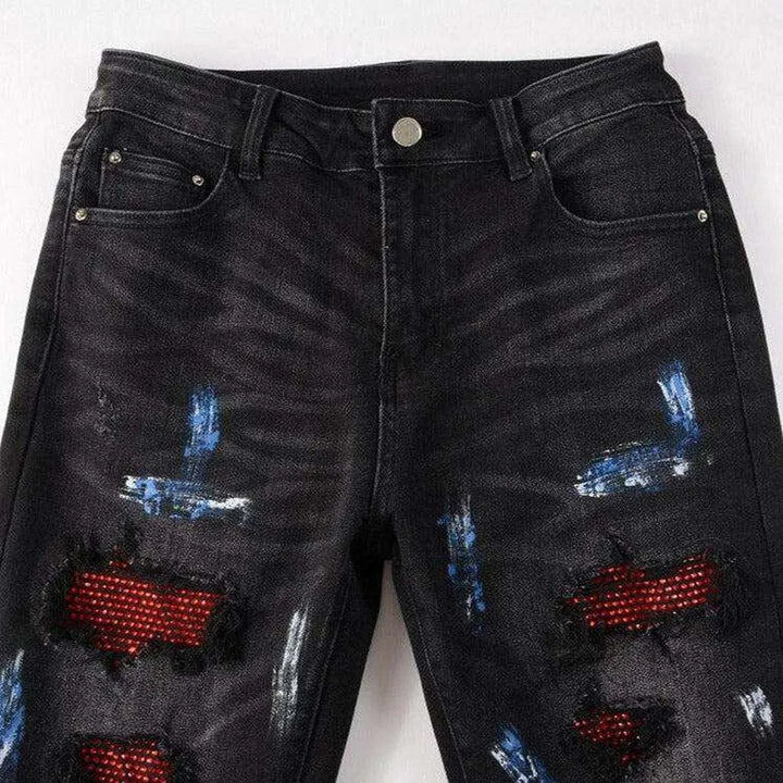 Red crystal patchwork men's jeans