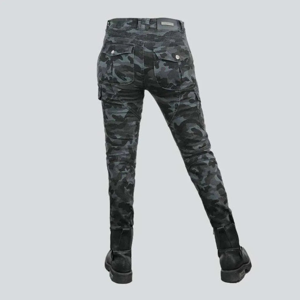 Grey camouflage women's biker jeans