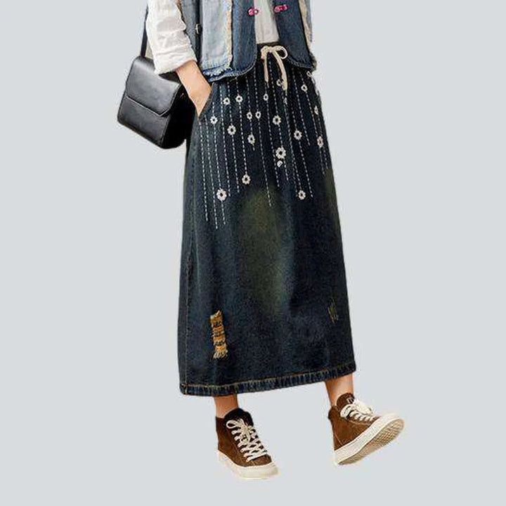 Urban embroidery long denim skirt