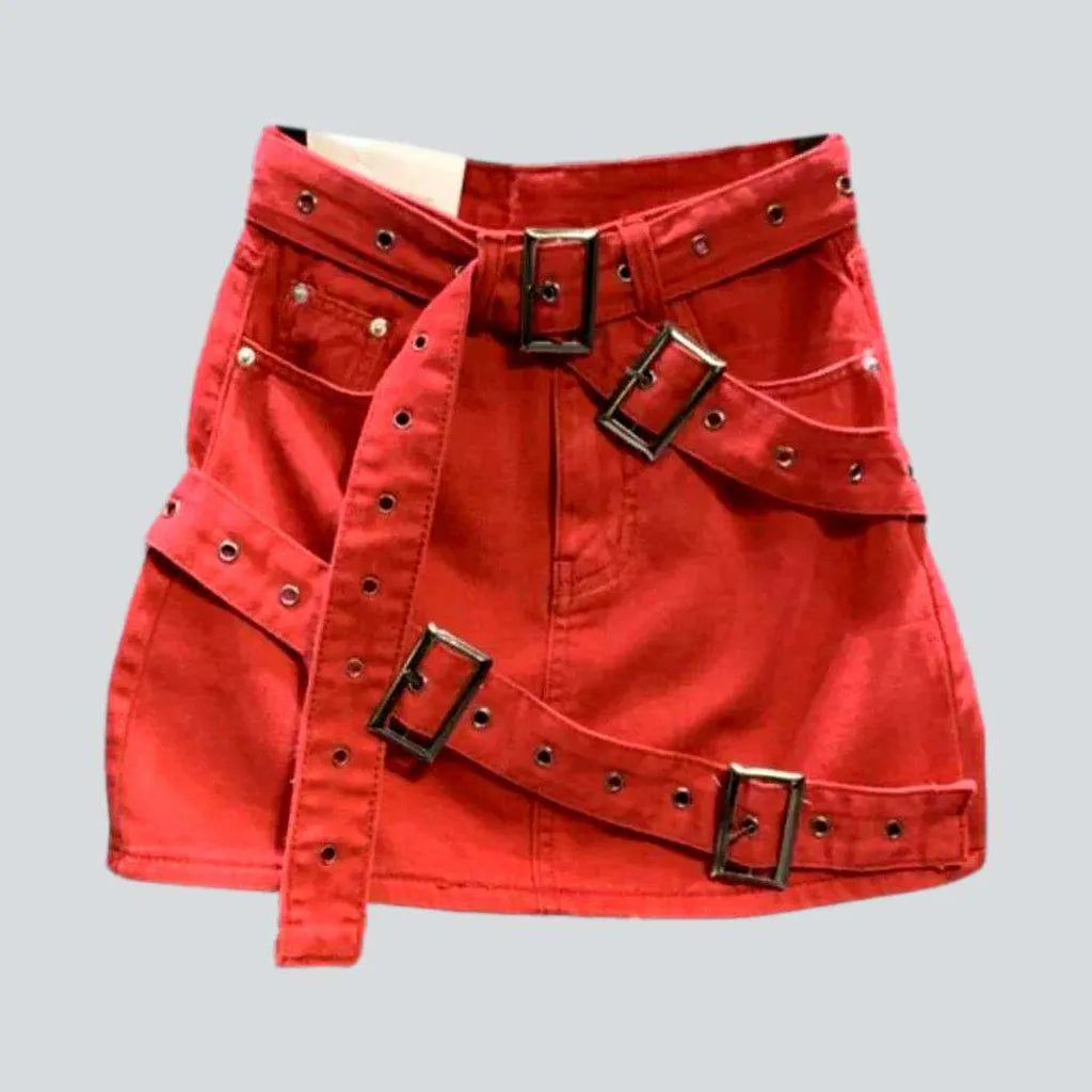 Belted color mini denim skirt | Jeans4you.shop