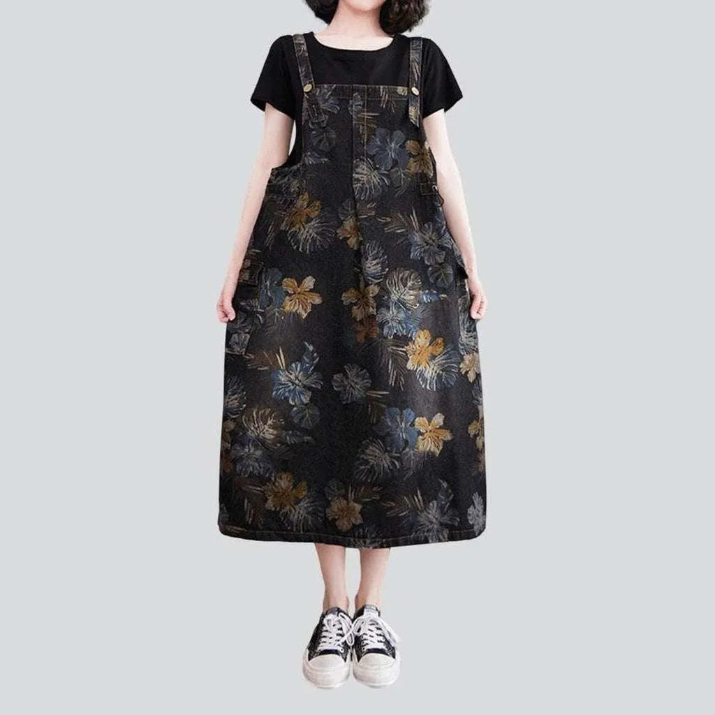 Black denim dress with flowers | Jeans4you.shop