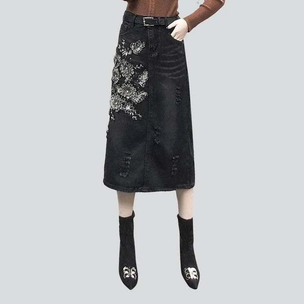 Black embroidered women's denim skirt | Jeans4you.shop