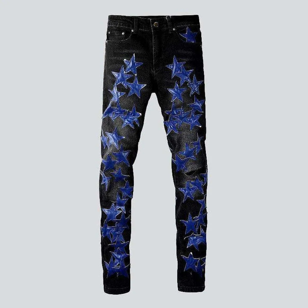 Blue star embroidery black jeans | Jeans4you.shop