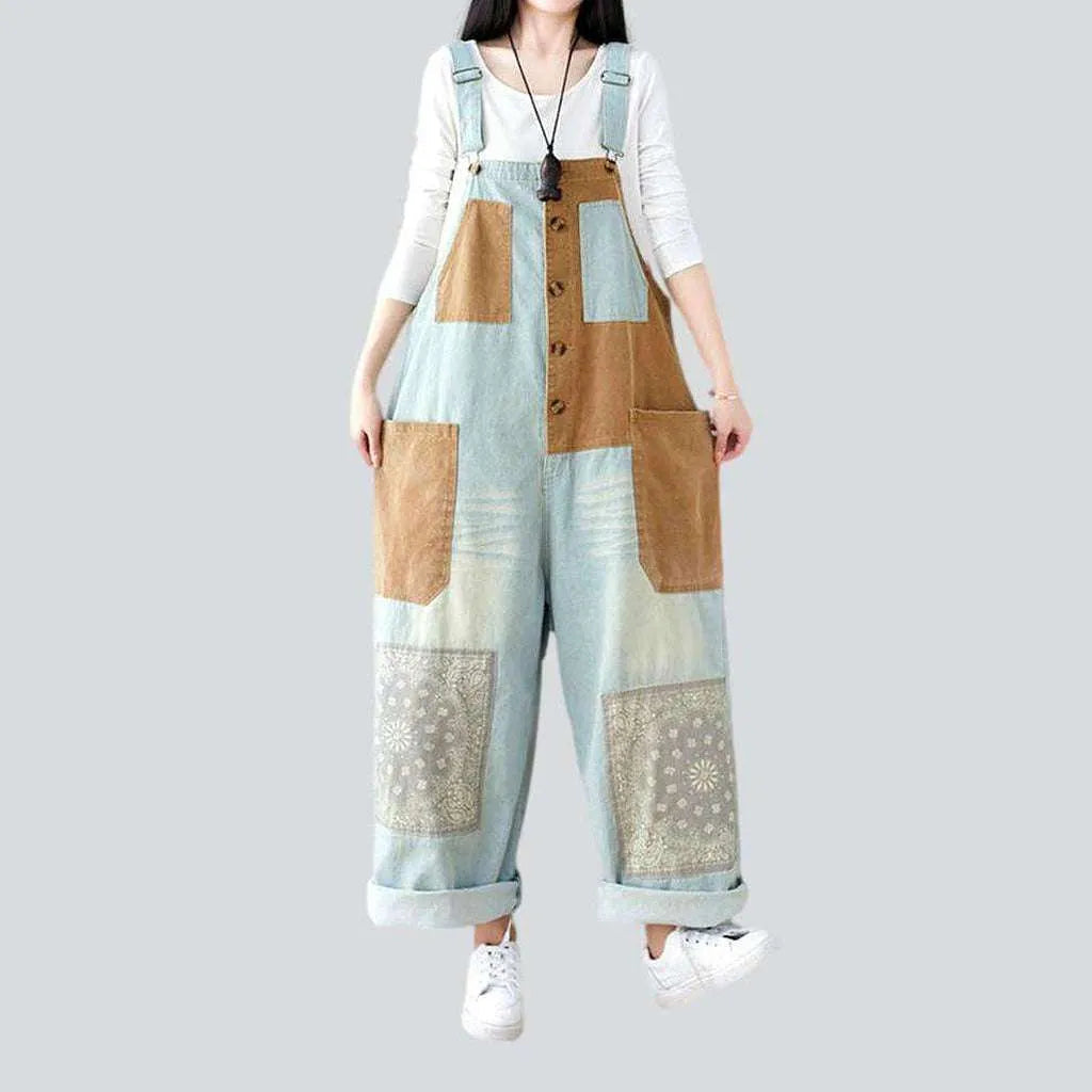 Brown patchwork women's denim dungaree | Jeans4you.shop