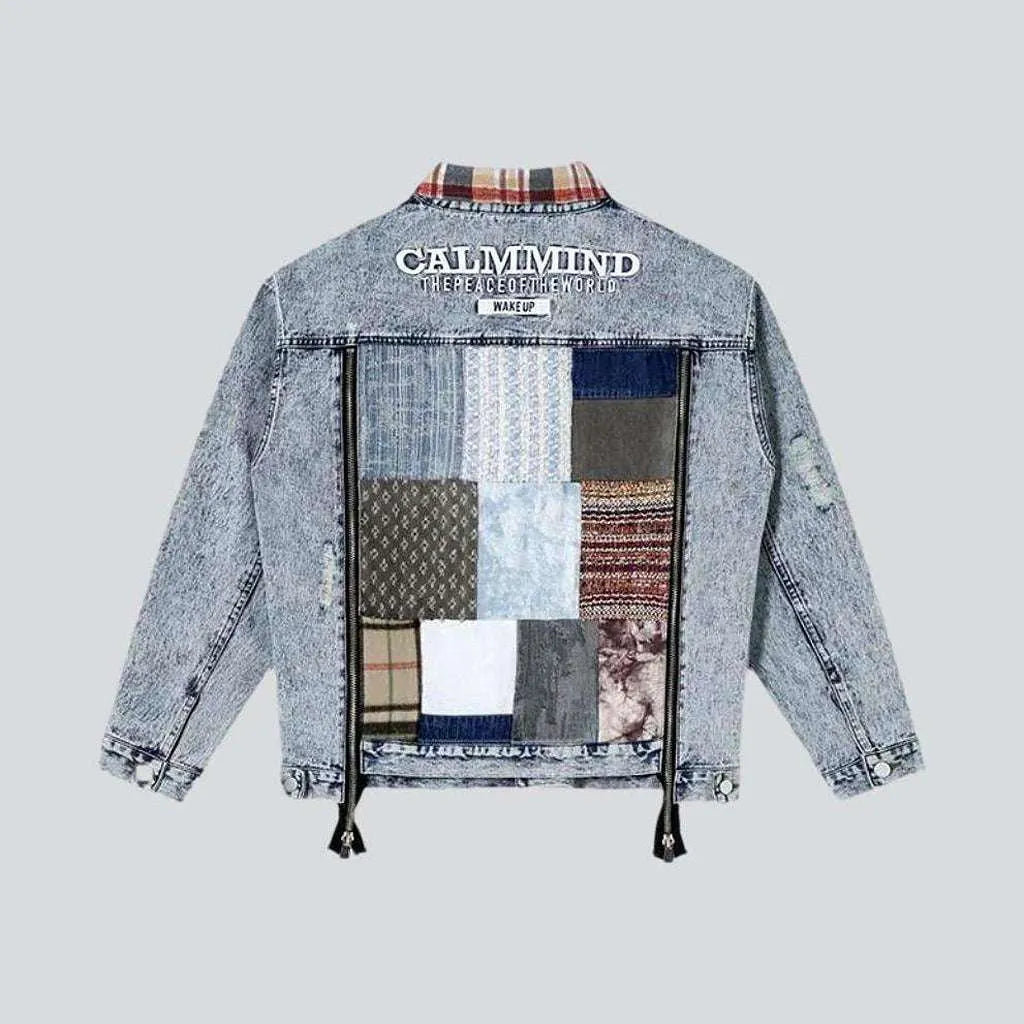 Checkered collar patchwork denim jacket | Jeans4you.shop