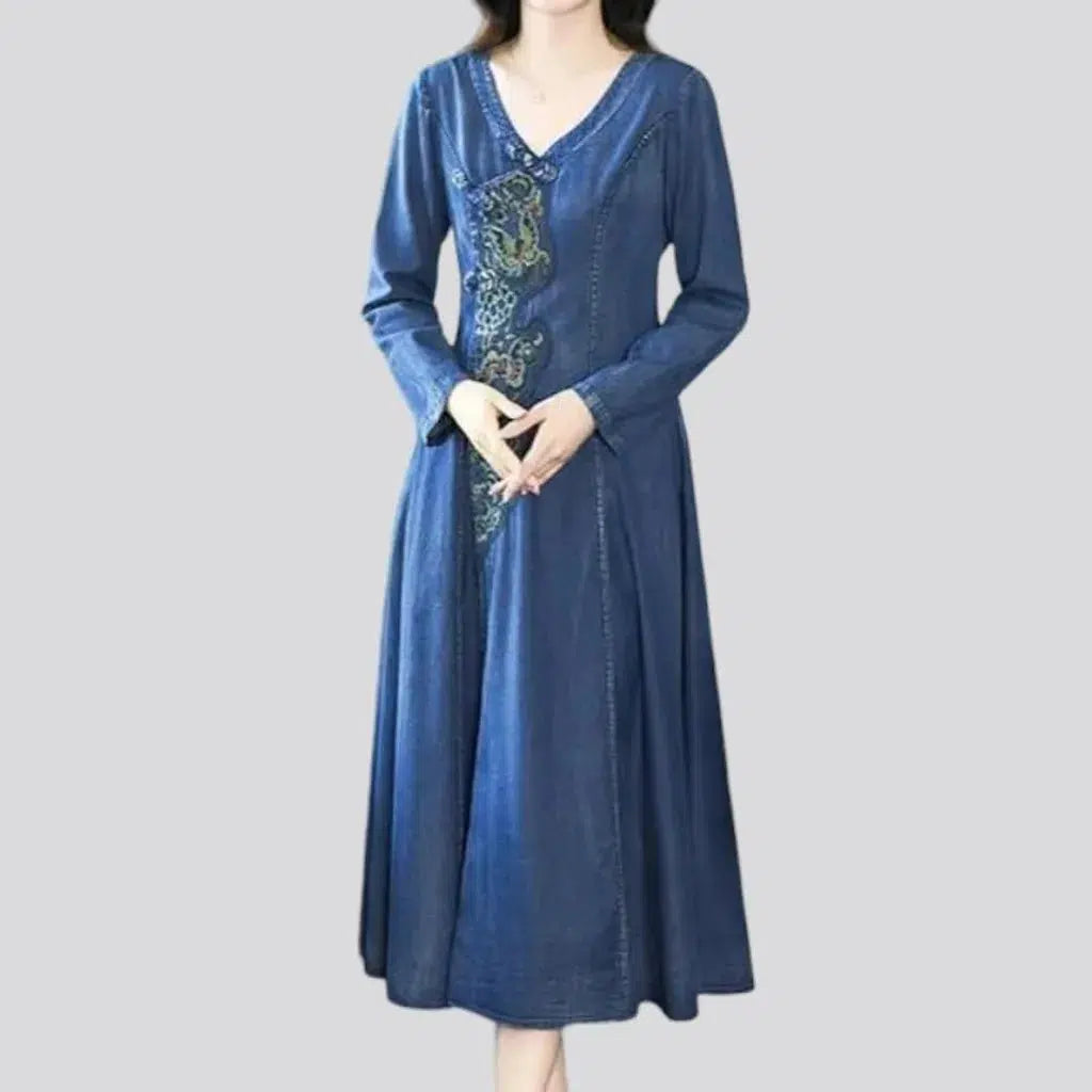 Chinese-style v-neck jean dress
 for ladies | Jeans4you.shop