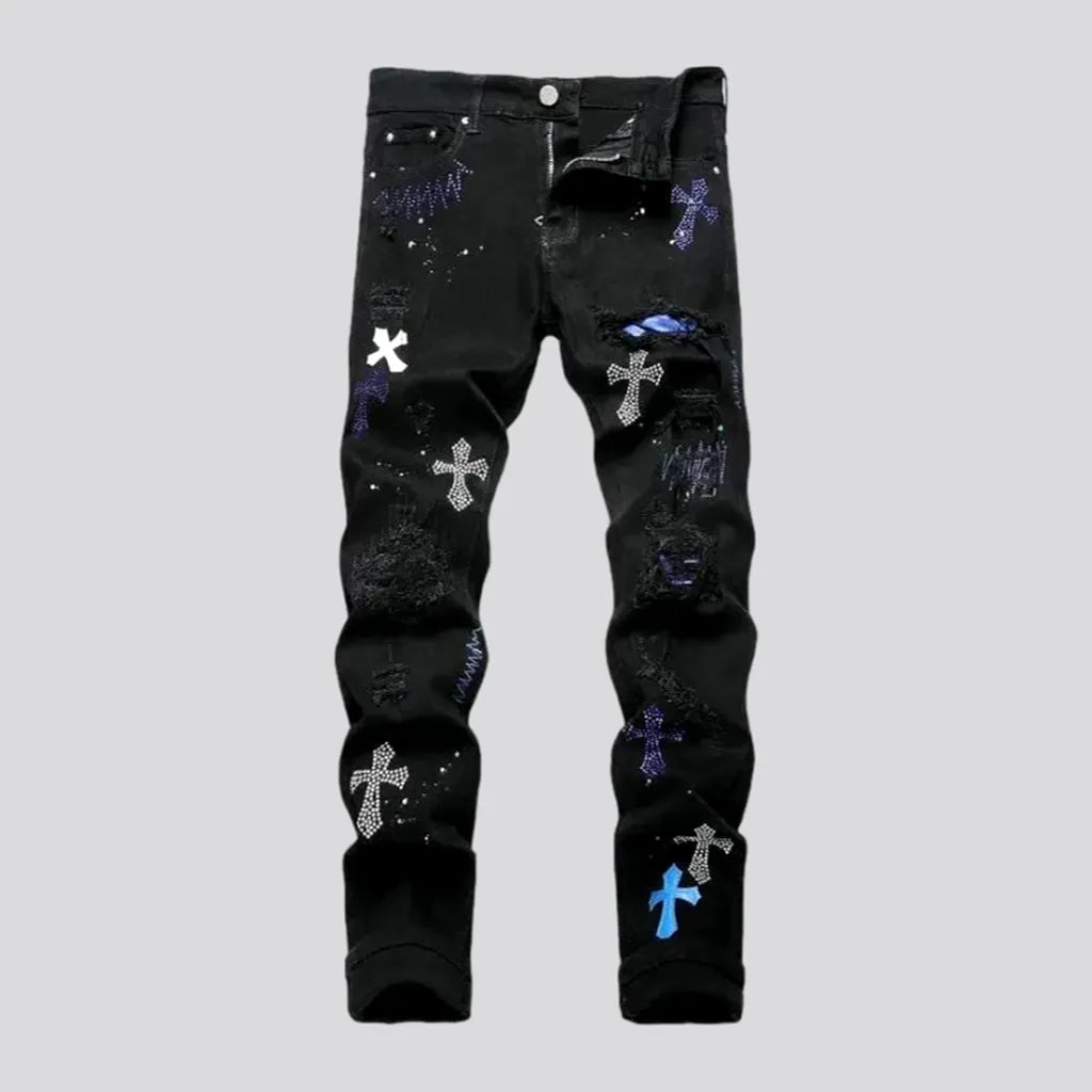 Cross-embroidery men's street jeans | Jeans4you.shop