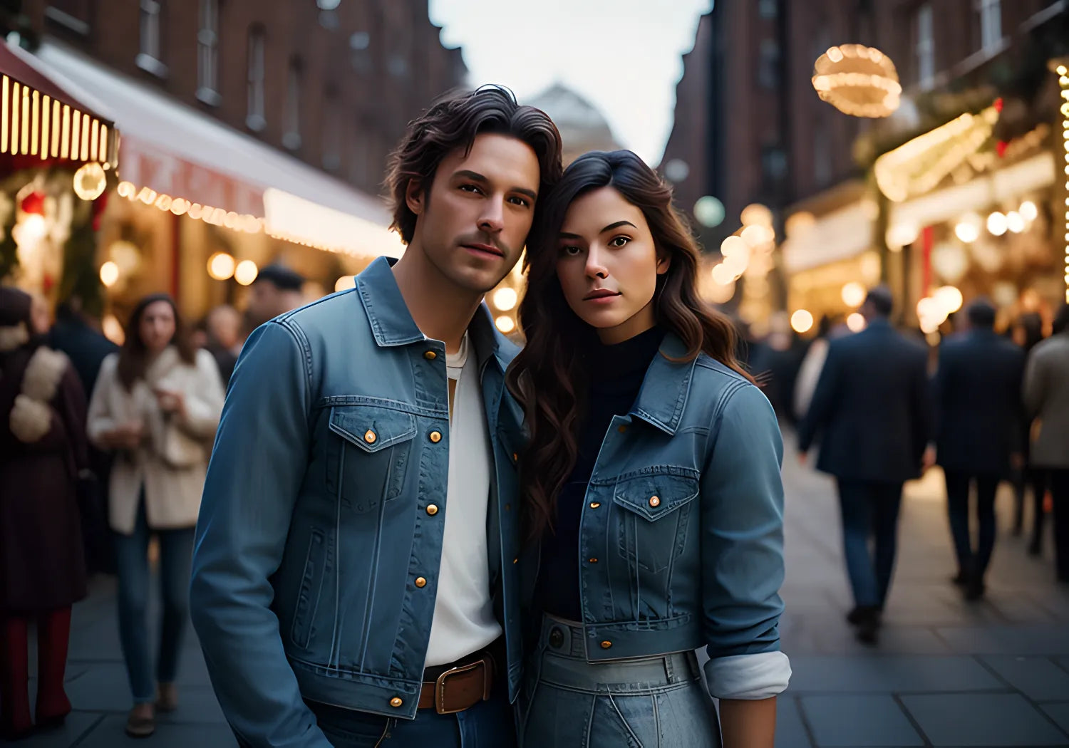Amidst Covent Garden's Sparkling Christmas Lights, A Canadian Man Dons A Finely-Stitched Denim Jacket, While A New Zealand Woman Elegantly Pairs A Denim Blouse With A Matching Skirt. Both Intently Lock Eyes With The Camera, Their Denim Attire, Now Highlighted With Radiant Red, Evoking A Festive Charm.