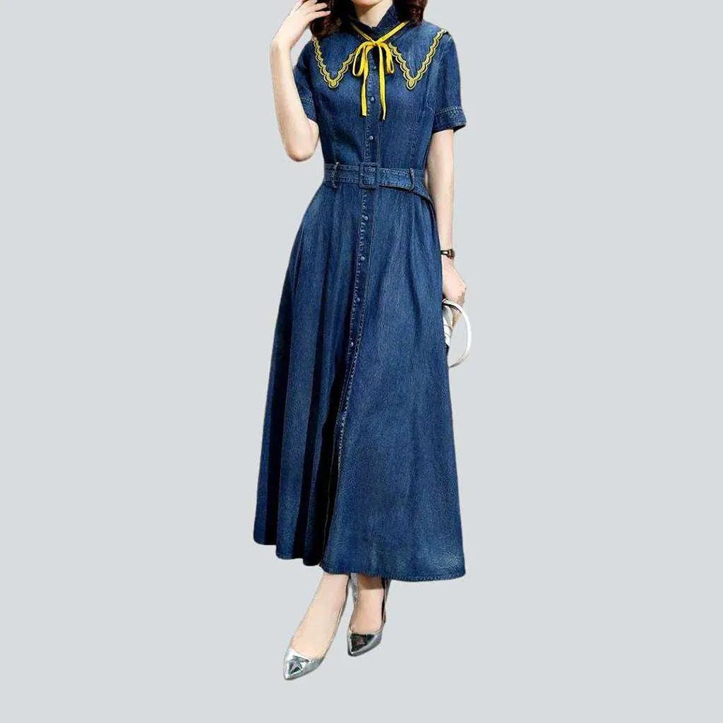 Drawstring neckline long denim dress | Jeans4you.shop