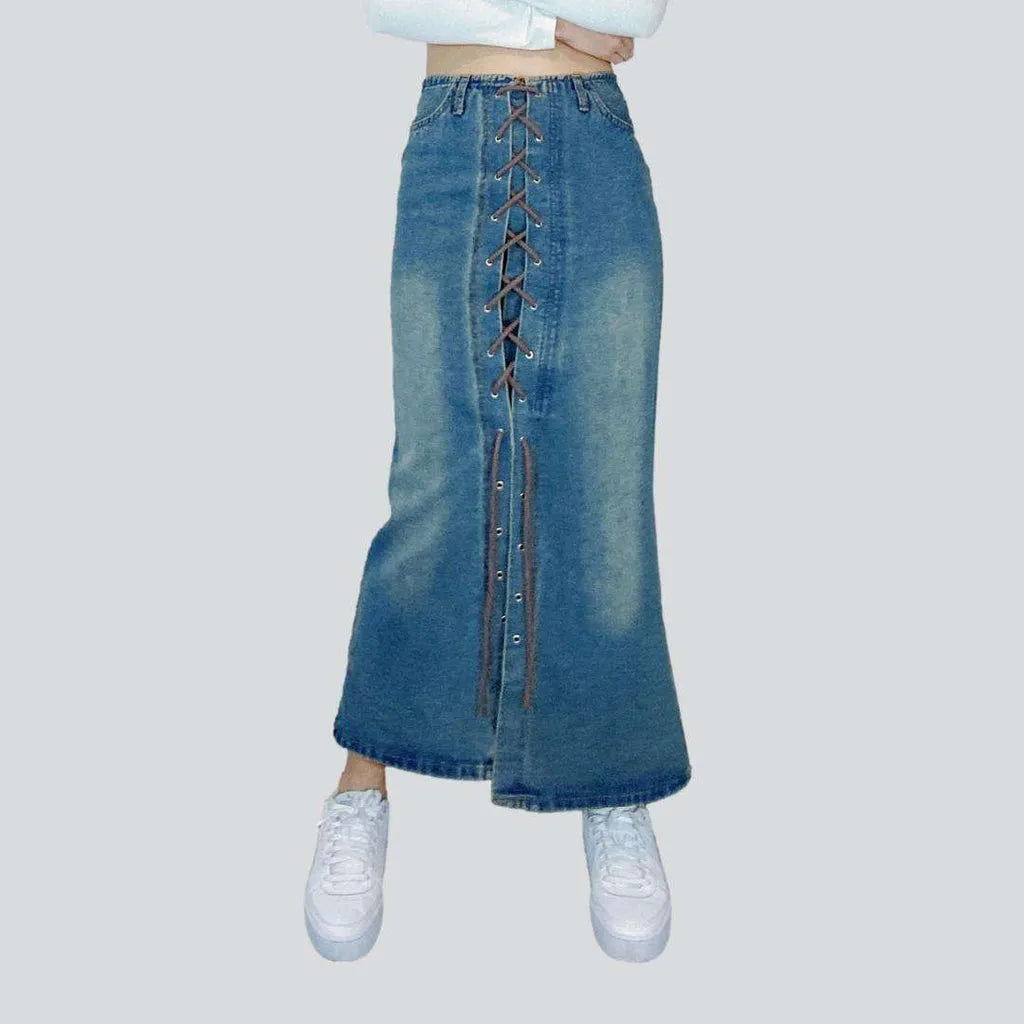 Drawstring slit long jeans skirt | Jeans4you.shop