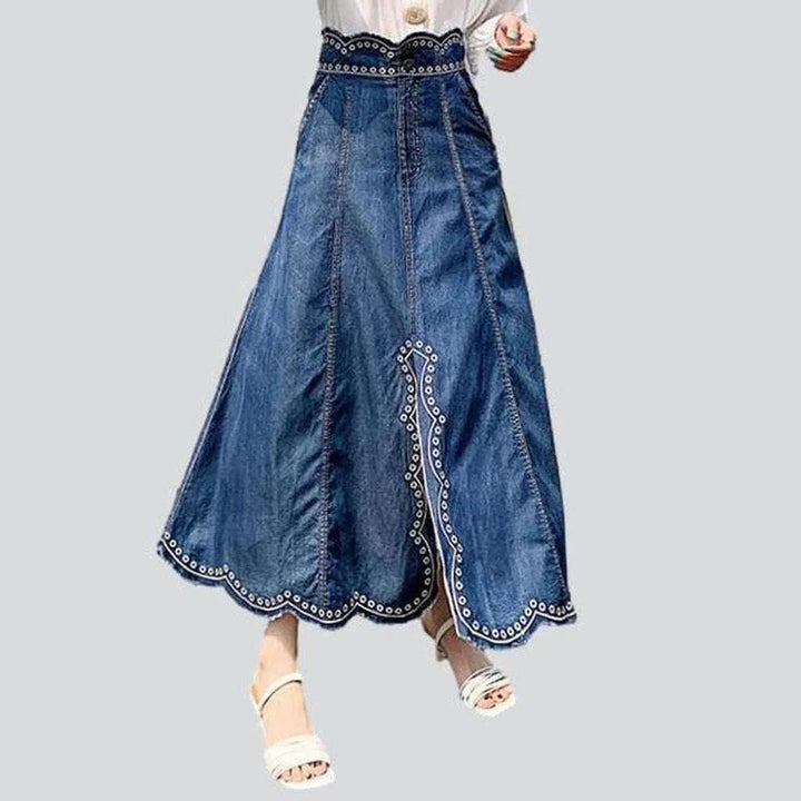 Embroidered oriental long denim skirt | Jeans4you.shop