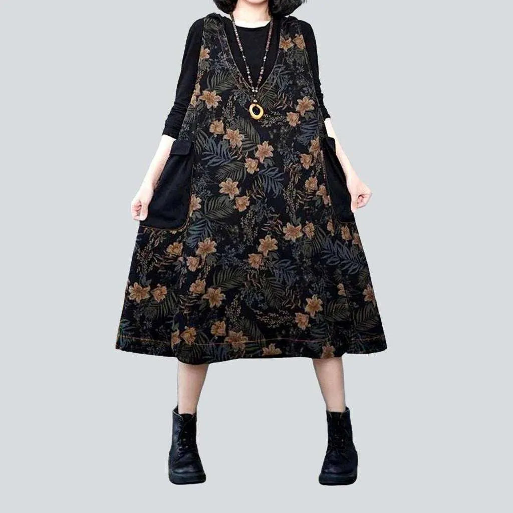 Flower print black denim dress | Jeans4you.shop